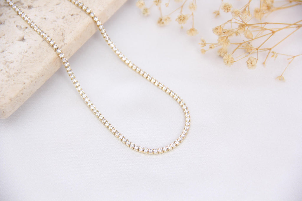 14K Gold Diamond Tennis Choker Necklace: CZ Wedding Gift - Bridal Jewelry